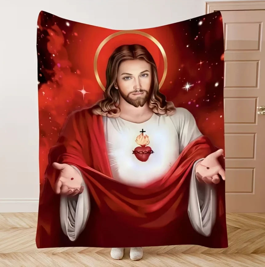 A painting of Jesus with a halo and beard wearing a red robe against a starry background.