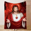 A painting of Jesus with a halo and beard wearing a red robe against a starry background.