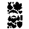 A collection of black fabric repair patches, including stars, leaves, and heart shapes.