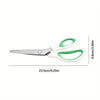 Silver professional pinking shears with white and green ergonomic grips.