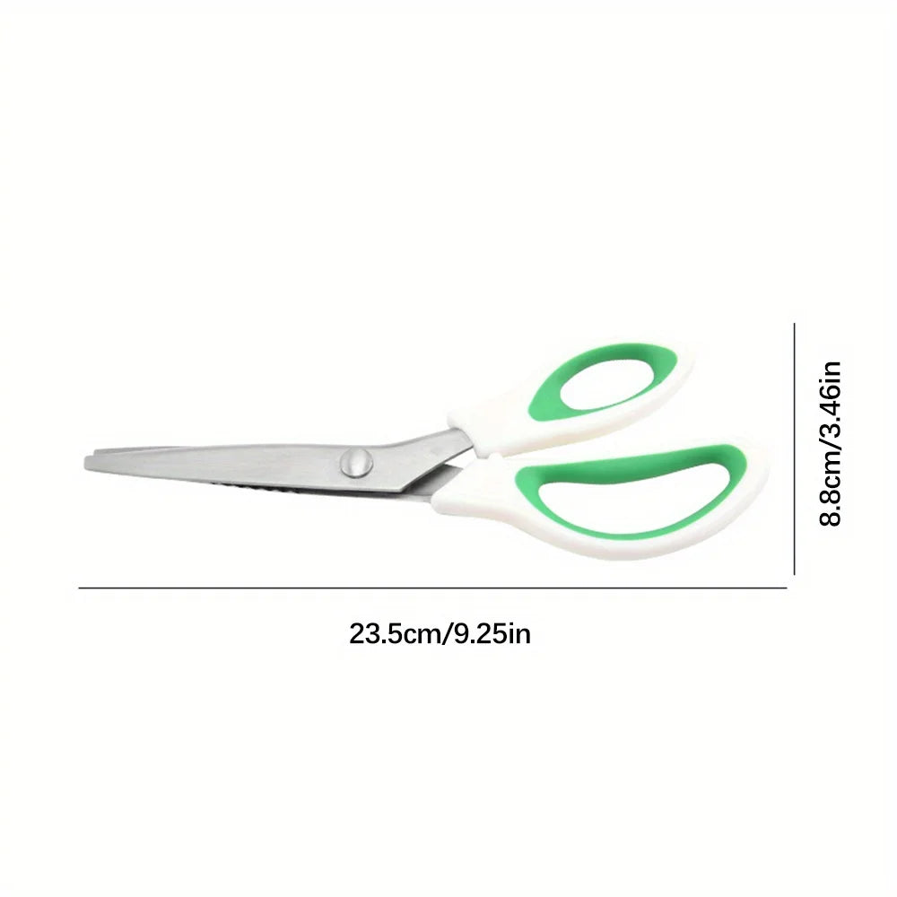Silver professional pinking shears with white and green ergonomic grips.