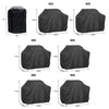 Various sizes of a black heavy duty waterproof BBQ grill cover shown with dimensions.