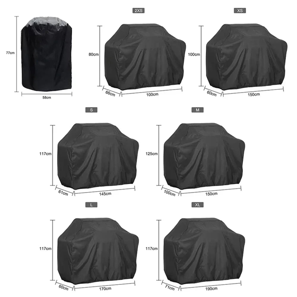 Various sizes of a black heavy duty waterproof BBQ grill cover shown with dimensions.