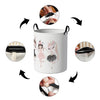 A white foldable unicorn storage basket shown with various angles of the product.
