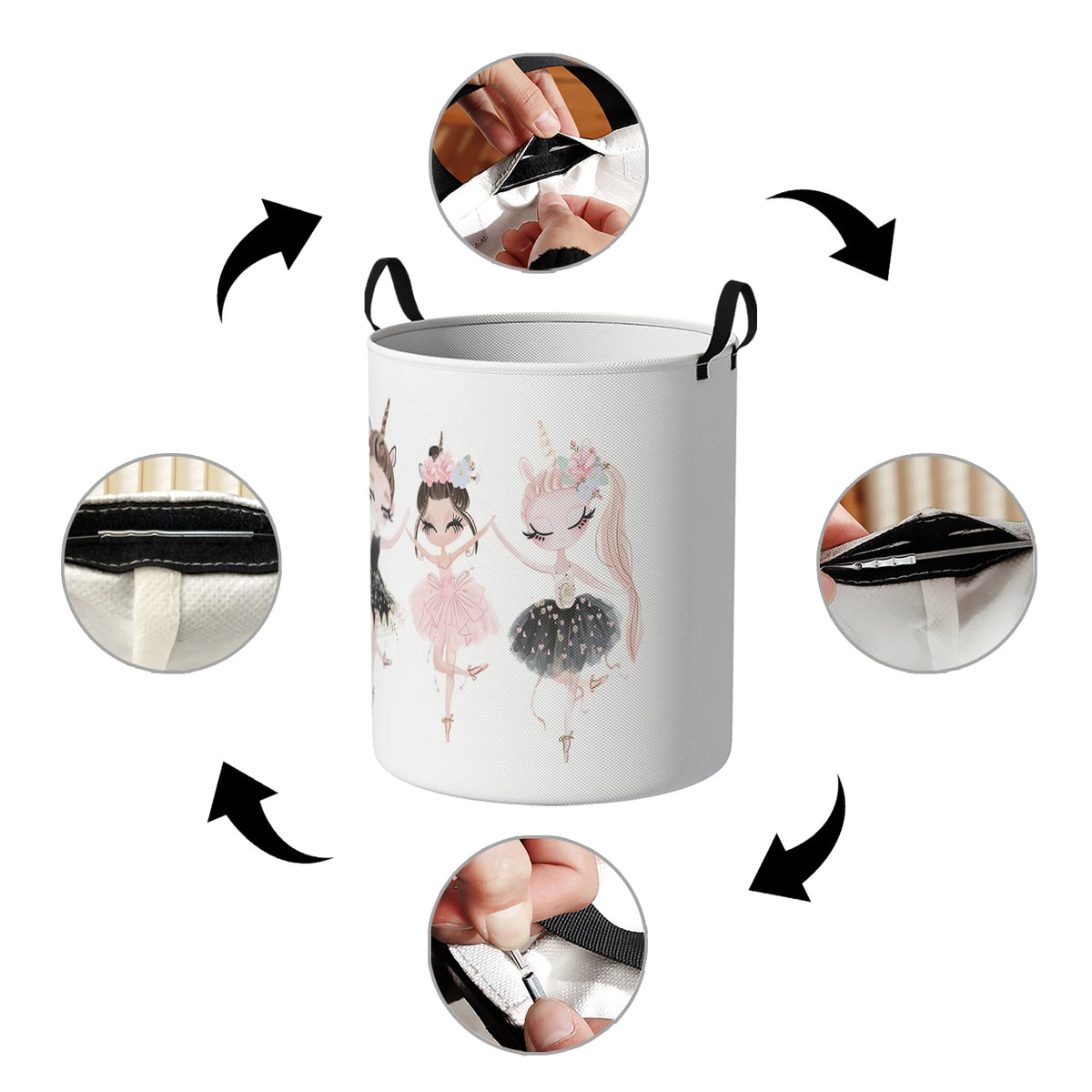A white foldable unicorn storage basket shown with various angles of the product.