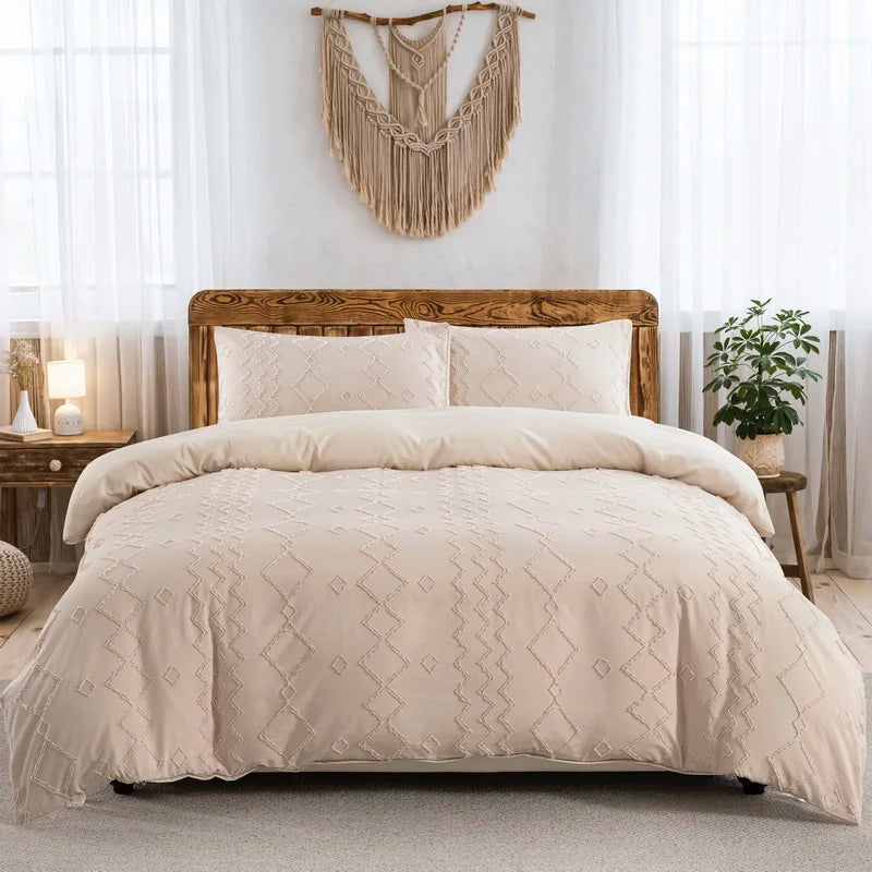 A beige boho tufted microfiber duvet cover set displayed on a bed with sheer curtains and a macrame wall hanging.