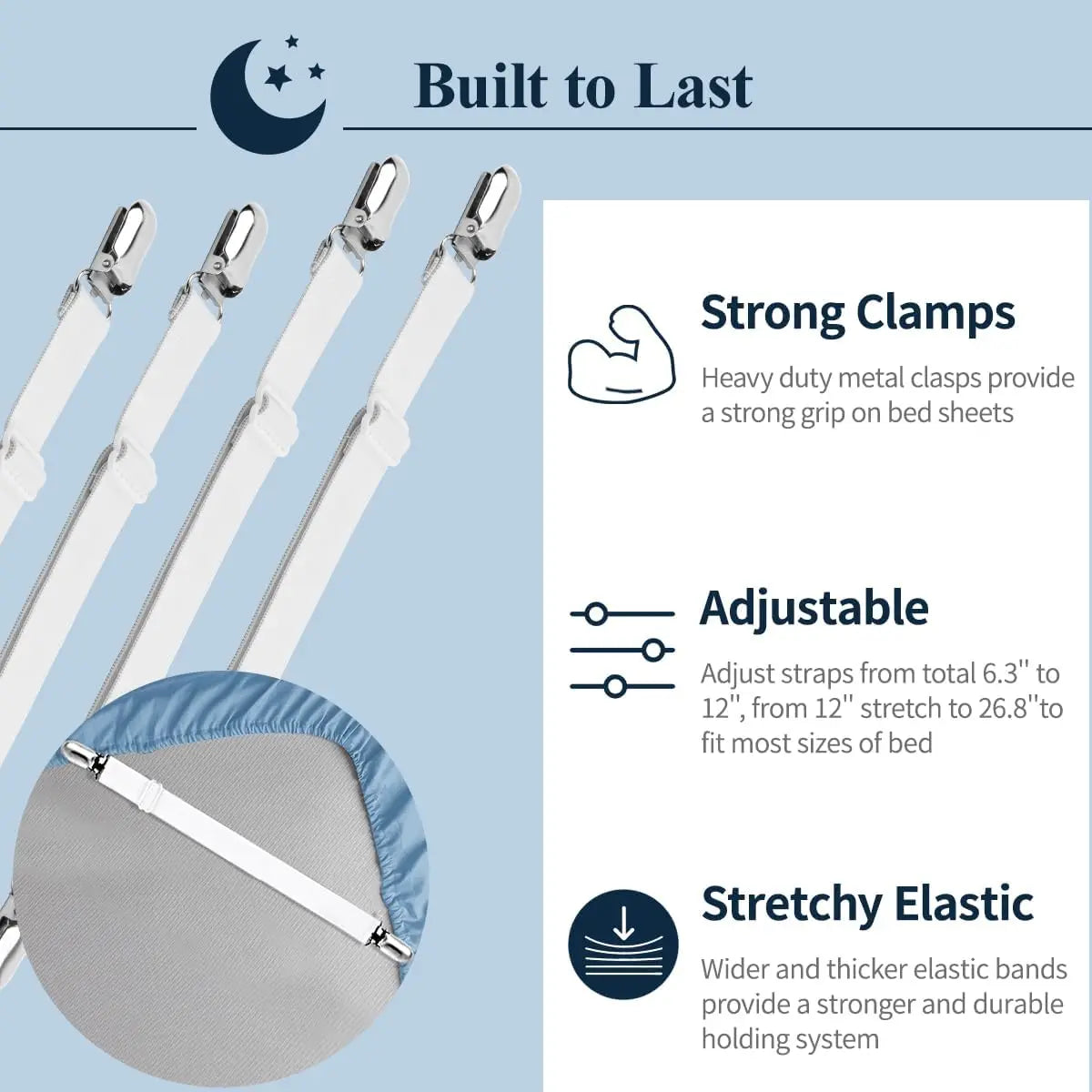 Close-up of adjustable bed sheet grippers showing strong clamps, adjustable straps, and stretchy elastic for securing sheets.