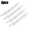 Four white adjustable bed sheet grippers with clips shown individually.