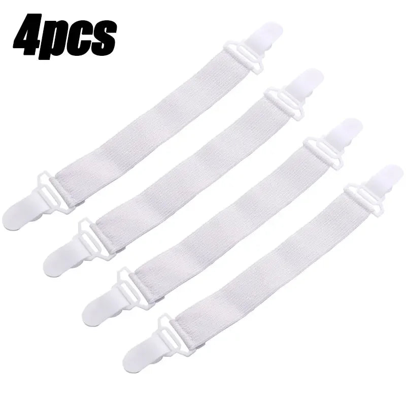 Four white adjustable bed sheet grippers with clips shown individually.