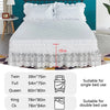 White lace ruffle bed skirt with elastic trim shown on a bed.