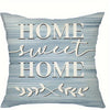 A light blue decorative pillow cover with white text that reads Home Sweet Home and features a starfish design.