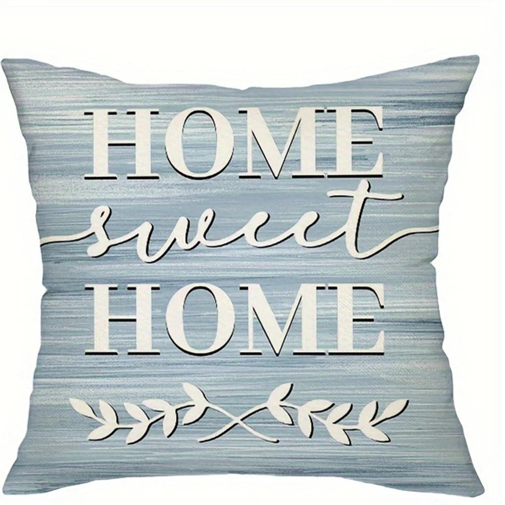 A light blue decorative pillow cover with white text that reads Home Sweet Home and features a starfish design.