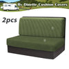 Two olive green cushion covers for an RV dinette with anti-slip backing