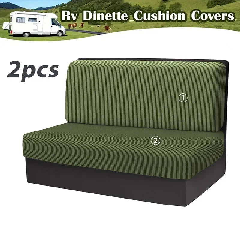 Two olive green cushion covers for an RV dinette with anti-slip backing