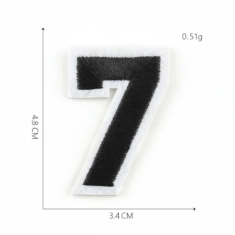 A black number seven patch made of felt is shown against a white background.