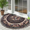 Semi-circular mosaic floor mat with vintage floral print featuring earthy tones and green leaves