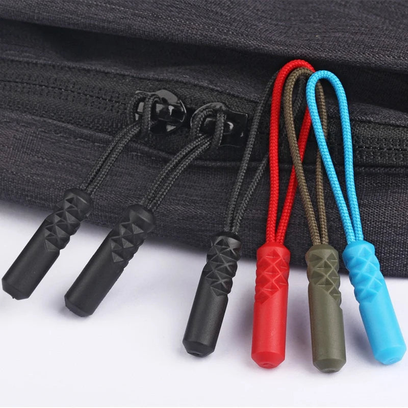 A pack of ten zipper pull replacement clips in various colors including black, red, green, and blue.