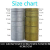 Size chart showing various widths of glitter organza ribbon rolls in silver and gold colors.