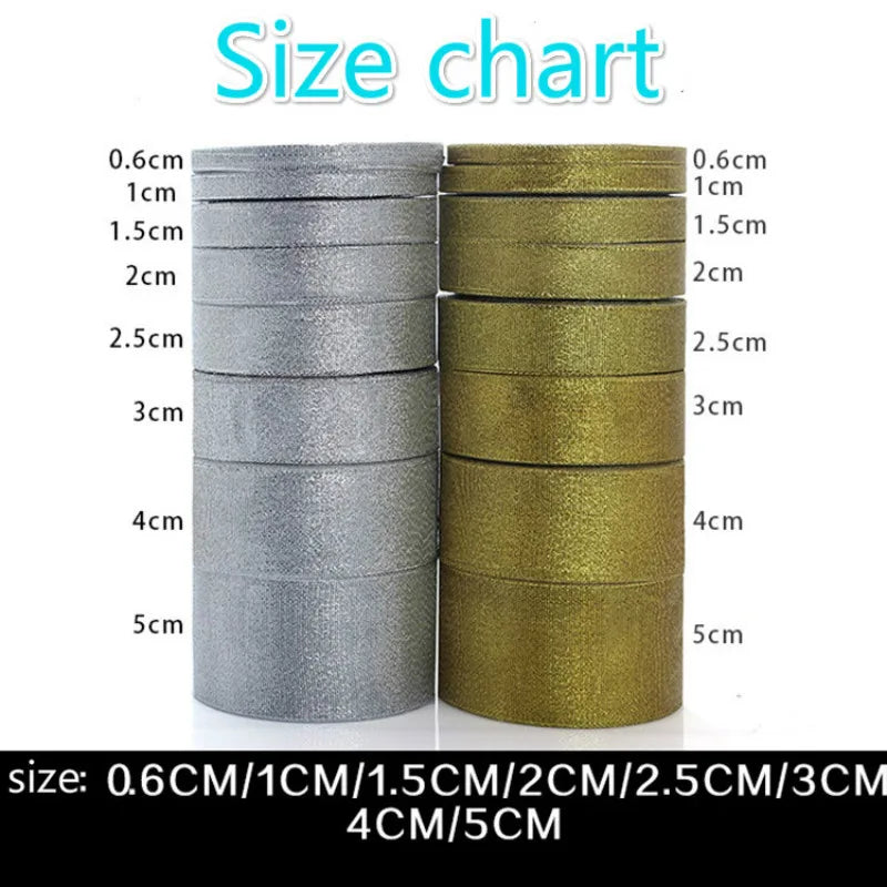 Size chart showing various widths of glitter organza ribbon rolls in silver and gold colors.