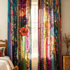 Colorful digital print patchwork curtains hanging in a bright room with natural light.