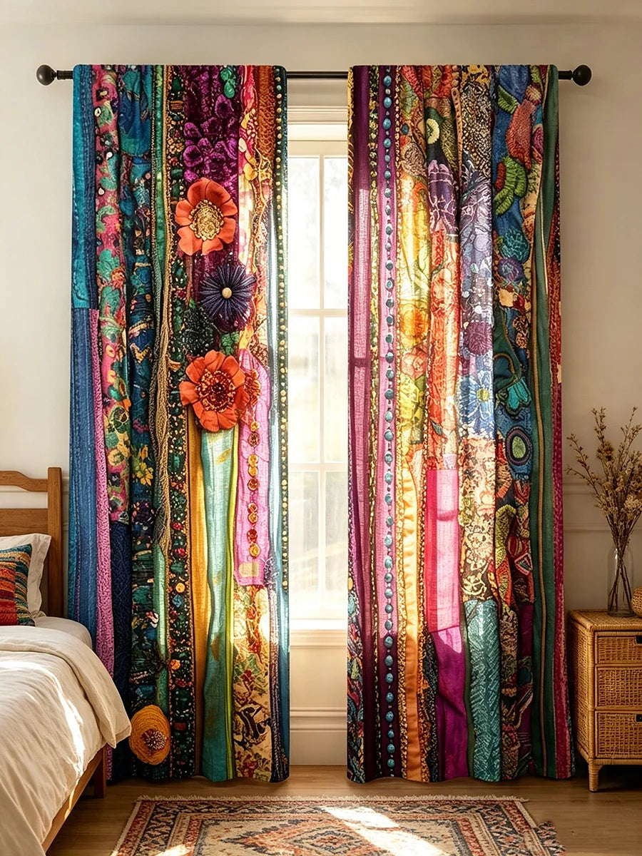 Colorful digital print patchwork curtains hanging in a bright room with natural light.