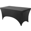 A black stretch tablecloth set for dining and event decor.