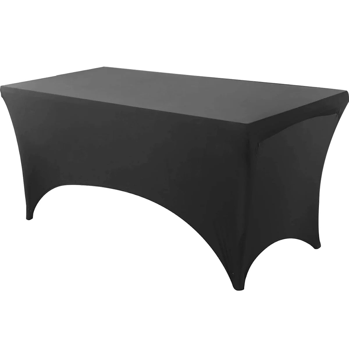 A black stretch tablecloth set for dining and event decor.