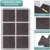 Interlocking tiles for easy assembly showing various sizes and a 3/8 inch thickness of wood grain foam floor mats