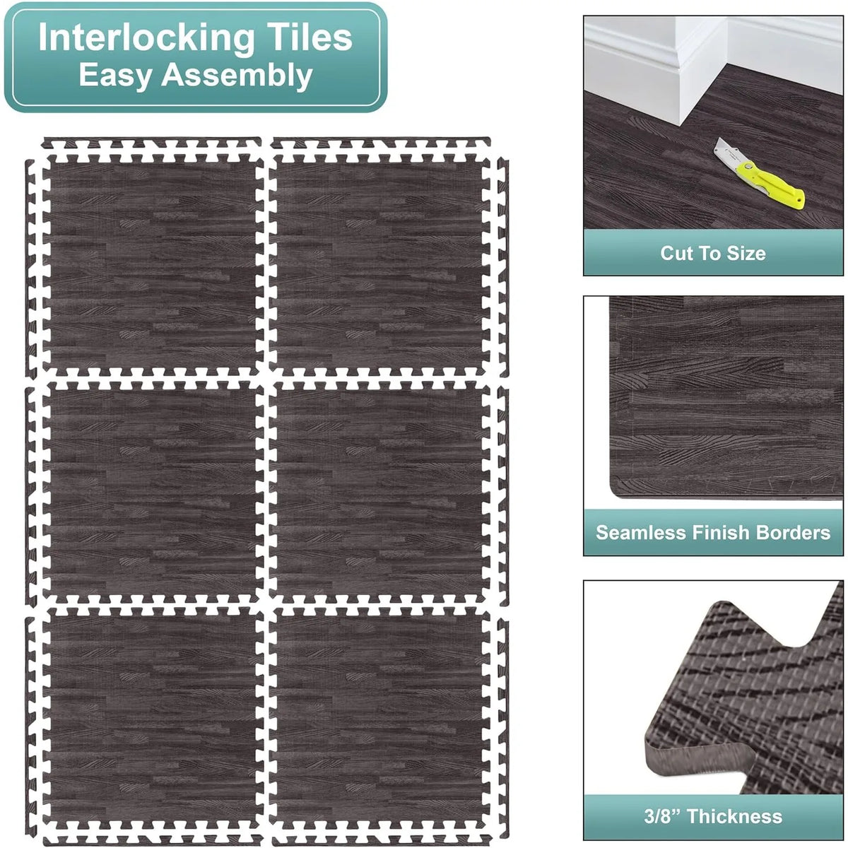 Interlocking tiles for easy assembly showing various sizes and a 3/8 inch thickness of wood grain foam floor mats