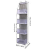 A tall, rectangular storage organizer with five stacked compartments made of gray fabric.