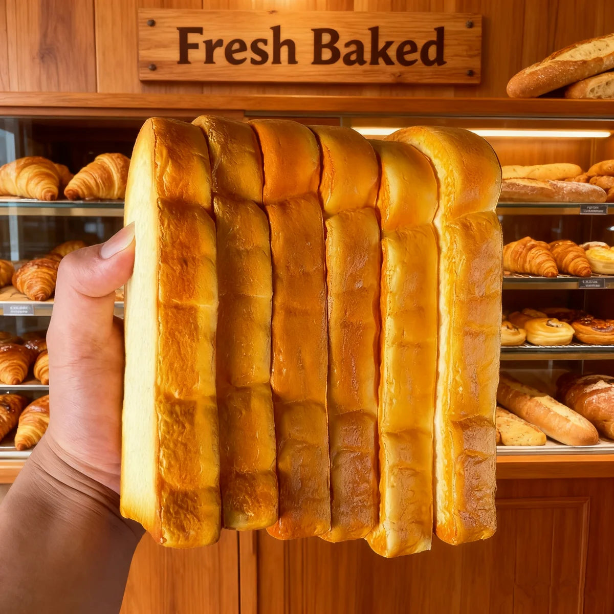 A hand holds a loaf of golden brown bread sliced into individual pieces, displayed in a bakery setting.