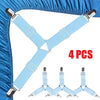 Four light blue adjustable bed sheet holder clips with metal ends shown against a blue fabric background.