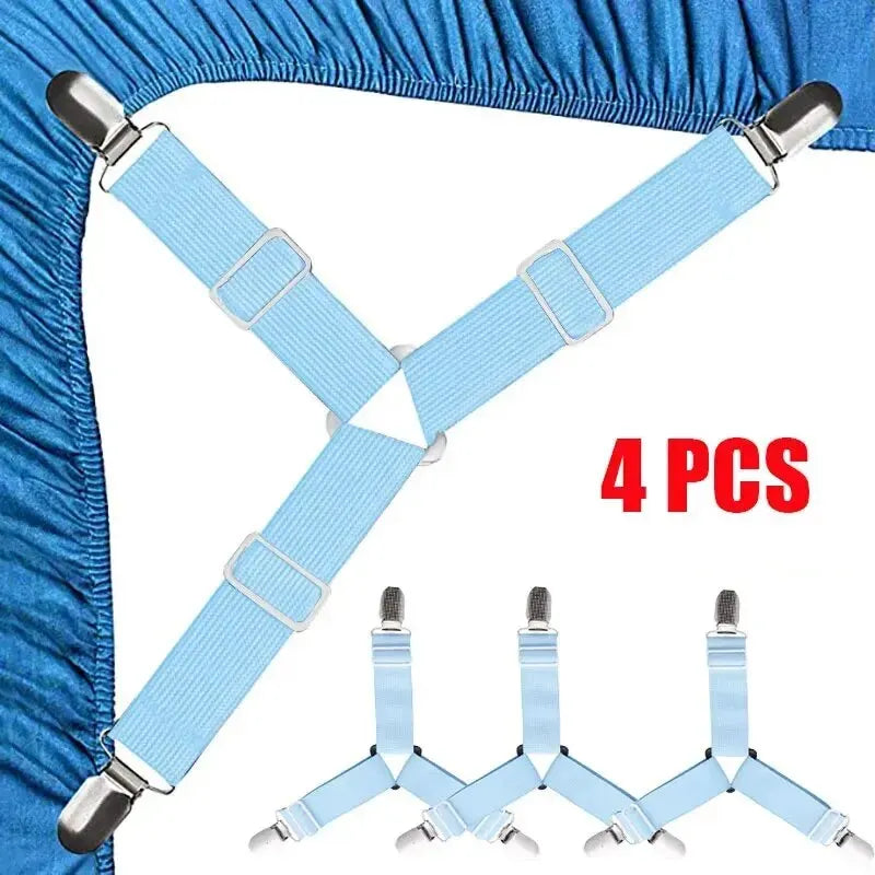 Four light blue adjustable bed sheet holder clips with metal ends shown against a blue fabric background.
