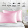 Pink satin pillowcase with features like breathable, skin-friendly, and comfortable for hair and skin.