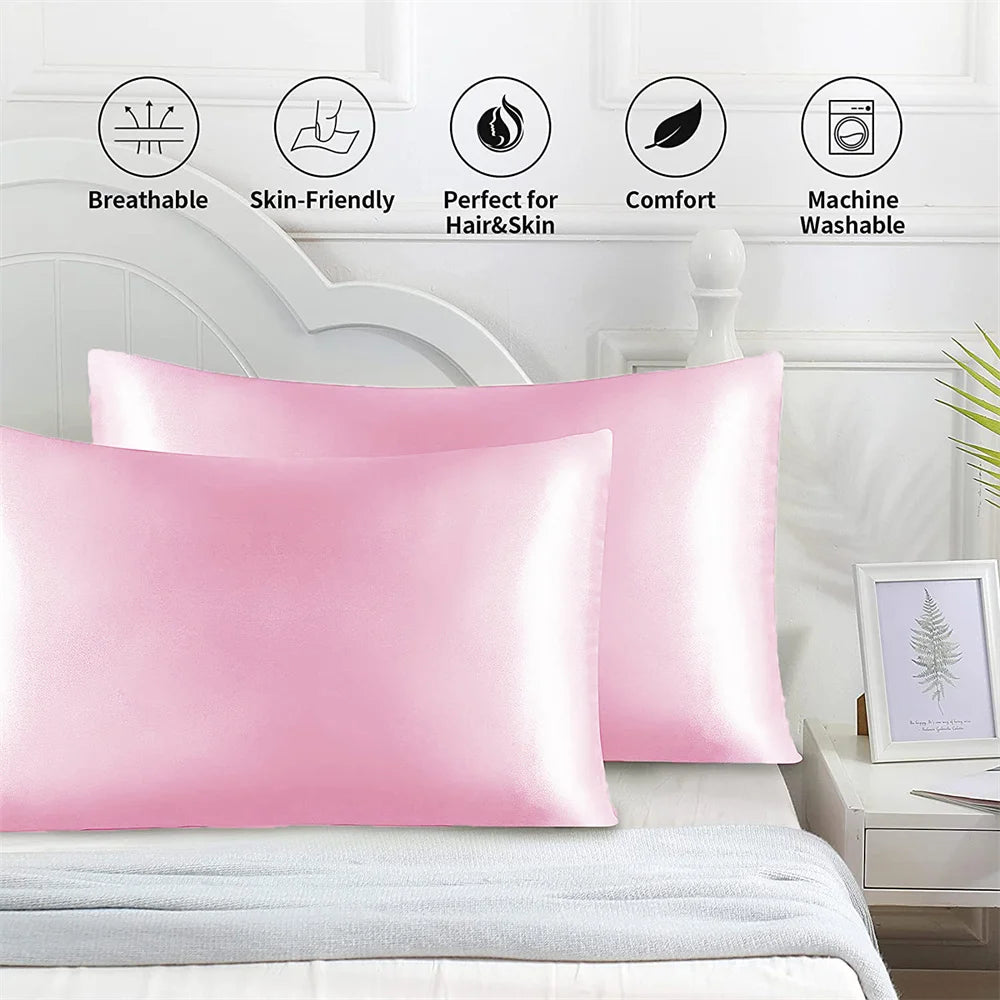 Pink satin pillowcase with features like breathable, skin-friendly, and comfortable for hair and skin.