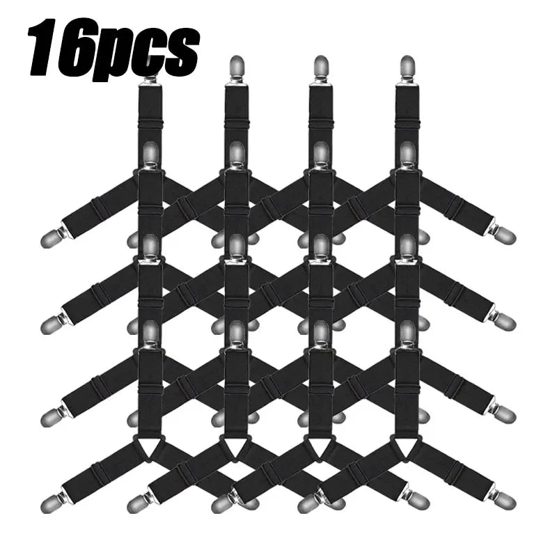 A set of sixteen black adjustable bed sheet grippers with clips arranged in a grid pattern.