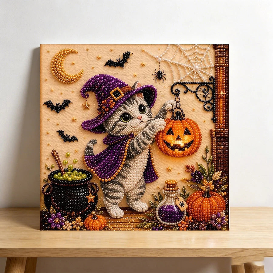 Diamond painting of a purple cat wearing a witch hat and cloak surrounded by Halloween elements like pumpkins and spiderwebs 