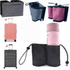 A collection of various fabric and plastic cup holders for hands-free travel, including a gray pouch, pink and purple fabric 