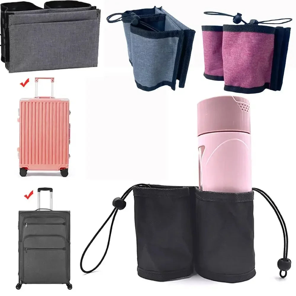 A collection of various fabric and plastic cup holders for hands-free travel, including a gray pouch, pink and purple fabric 