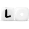 A white silicone alphabet bead shaped like the letter L with a circular hole.