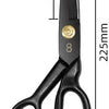A pair of black professional tailor scissors with gold accents shown against a white background.