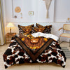 Highland cow print bedding set featuring a brown and black spotted pattern on a bed.