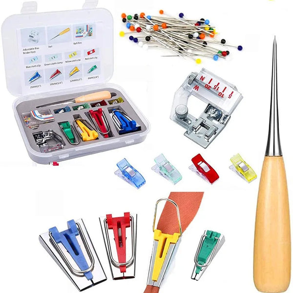 A set of professional sewing bias binder tools including pins, needles, and various binding implements.