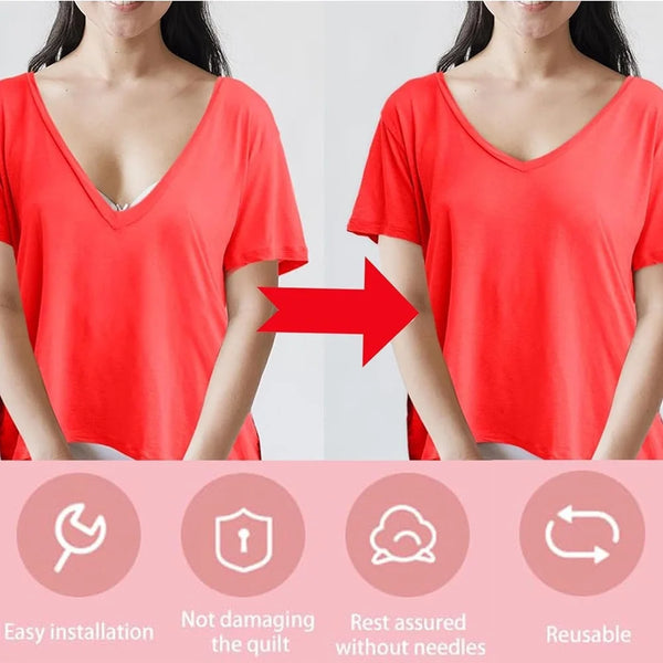 Red reusable fabric fixer clips shown on a woman's shirt, highlighting easy installation and reusability.