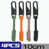 Four black detachable zipper pull sliders in green, orange, beige, and black.