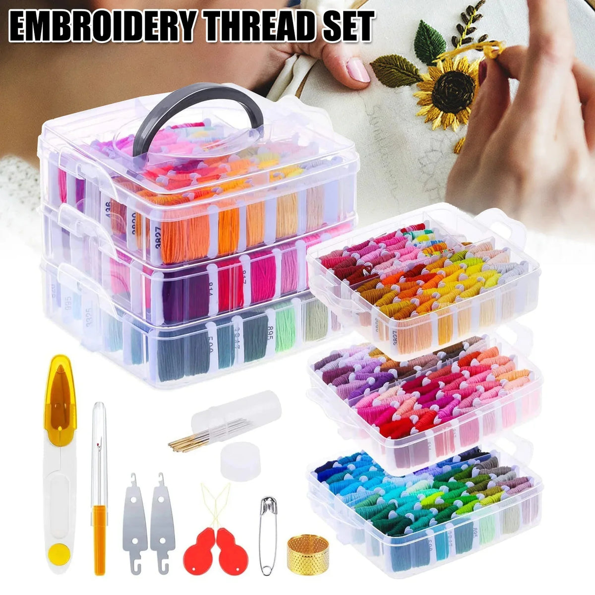 A set of professional embroidery thread and floss kits in clear storage boxes with various colors and tools