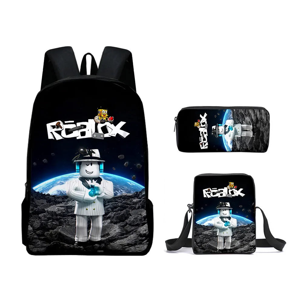 A black backpack featuring a cartoon school theme, along with a black phone case and a black wallet.