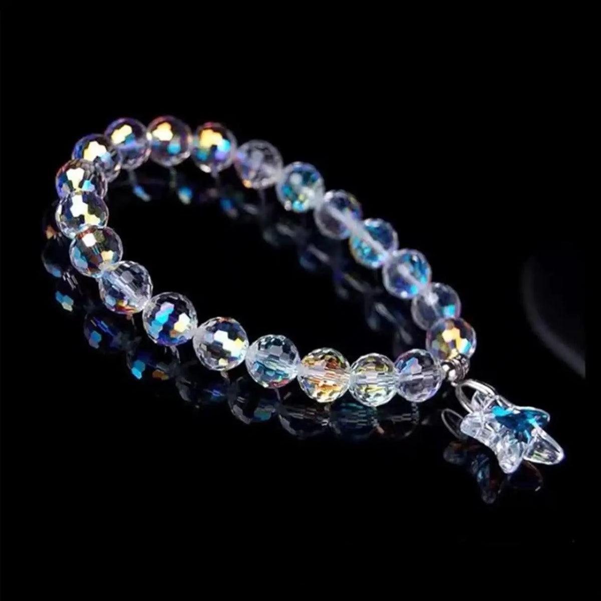 A strand of multi-size shiny AB crystal glass beads used for jewelry making