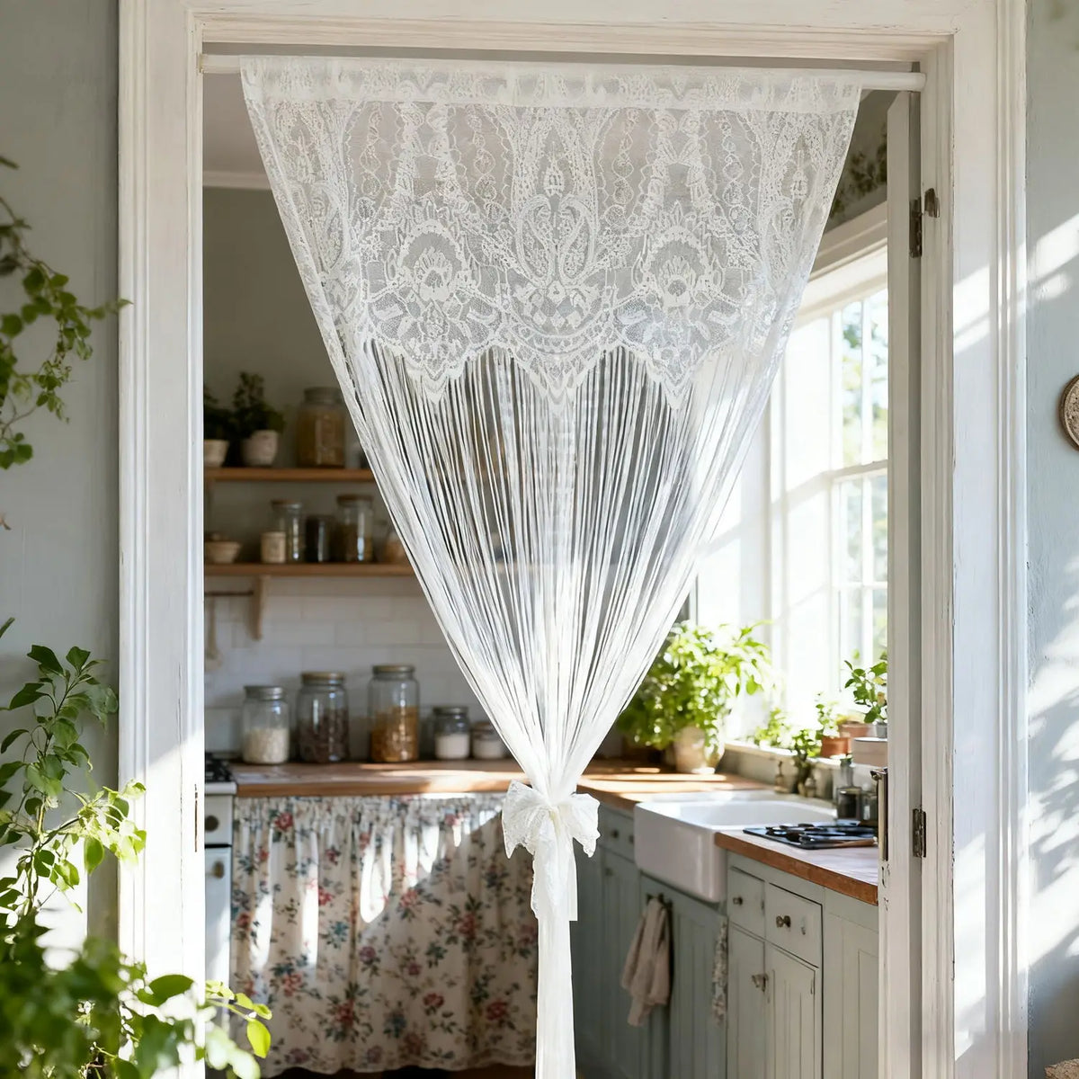 White vintage lace tassel door curtains hanging in a light-colored door frame.
