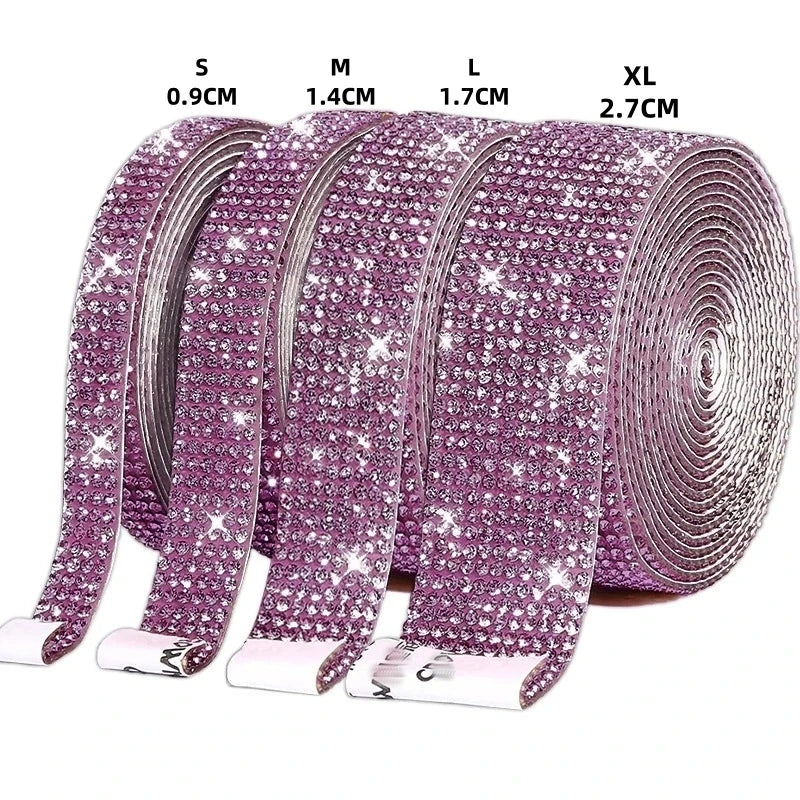A set of self-adhesive crystal rhinestone ribbon in various sizes S to XL, featuring a purple glitter pattern.